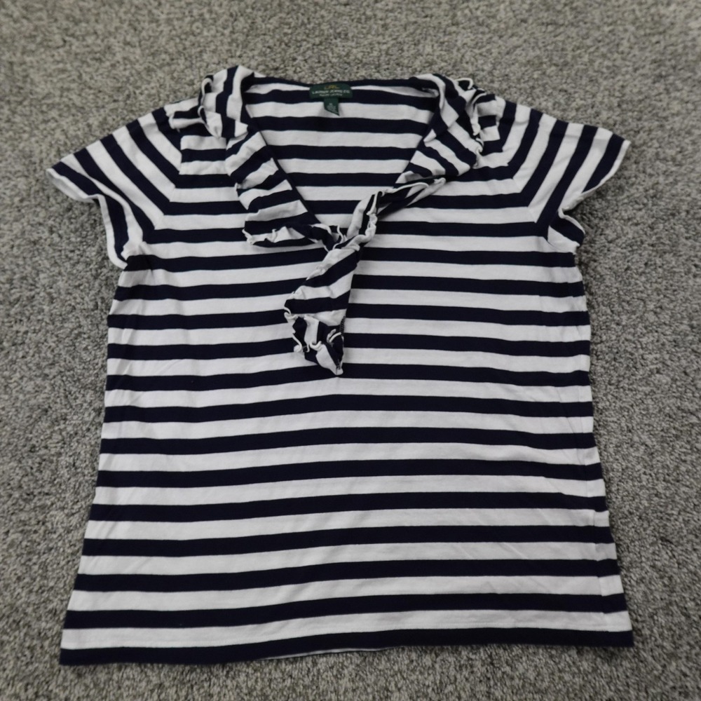 Ralph Lauren Shirt Womens XL Blue White Striped Ruffle Nautical Sailing Tee Top